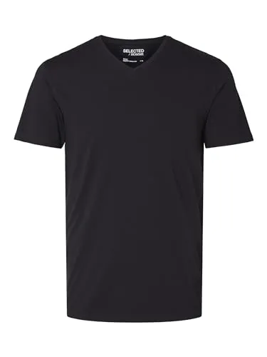 Herren Selected V-Ausschnitt T-Shirt | Einfarbiges Basic Kurzarm Shirt SLHNEWPIMA | Stretch Baumwolle, Farben:Schwarz, Größe:XXL
