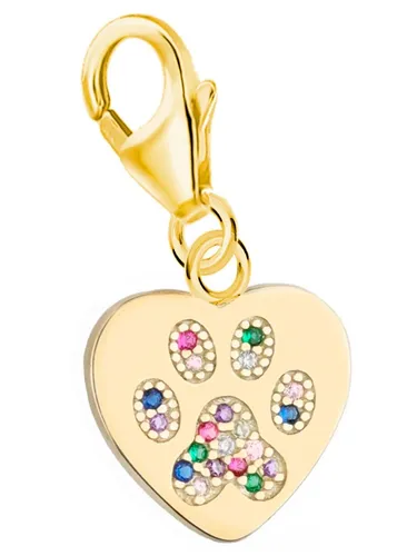 Charm Anhänger Gold Pfote Herz 18k vergoldet mit Zirkonia - Eleganter Charm Anhänger in Herz-Pfote-Form aus 18k vergoldetem Sterlingsilber. Mit funkelnden Zirkonia und Karabiner-Verschluss, ideal für besondere Anlässe wie Geburtstage oder Hochzeiten.