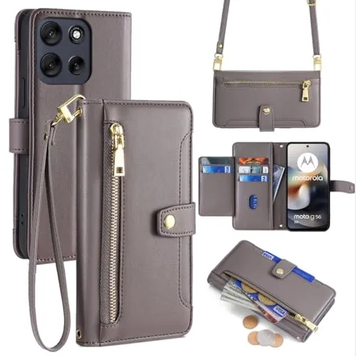 betterfon Handykette kompatibel mit Motorola Moto G56 | Leder Handyhülle mit Kartenfächern | Handyhülle zum Umhängen | Grau