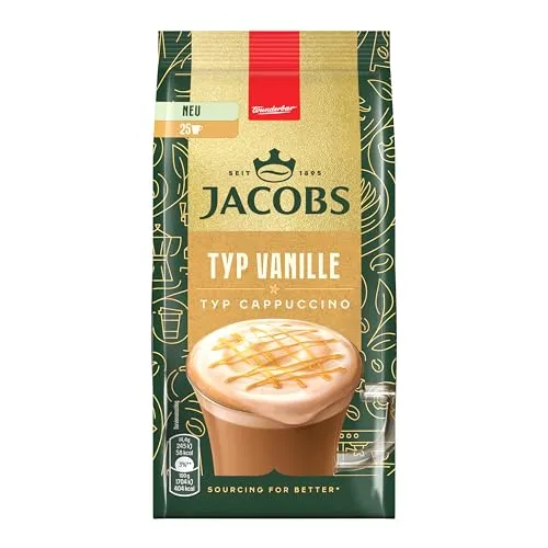 Jacobs Typ Cappuccino Vanille - 360 g - Instantkaffee mit cremigem Vanille-Geschmack, ideal für 25 köstliche Getränke. Einfach zubereitet für den perfekten Kaffeegenuss.