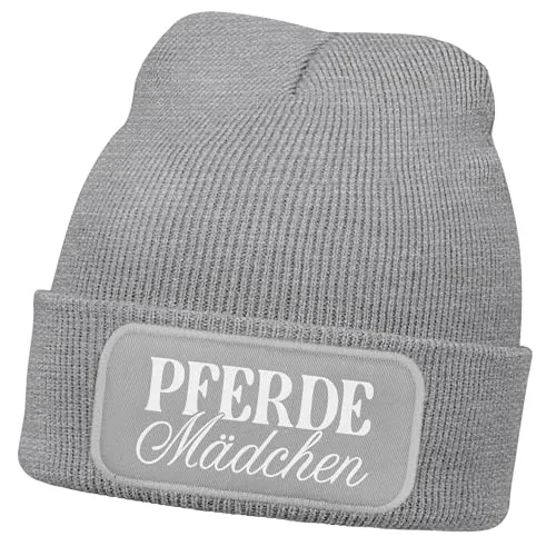 MoonWorks® Wintermütze Kinder Beanie für Mädchen mit Patch Pferdemädchen Aufdruck Reiten Print Strickmütze Grau Unisize