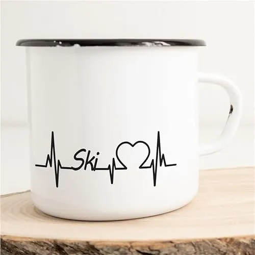 Huuraa Emaille Tasse Ski Geschenk Kaffeebecher Vintage 300ml Ski Geschenkidee