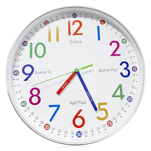 GBKDQQ 30CM Kinder Wanduhr Lautlos Ohne Tickgeräusche - Bunte Lernuhr für Kinderzimmer - Analoge Wanduhr für Jungen & Mädchen - Montessori Lernuhr mit Zahlen
