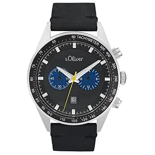 s.Oliver Herren Chronograph Armbanduhr mit Lederarmband - Elegante Armbanduhr für Herren mit 5 bar Wasserdichtigkeit und Datumsanzeige, ideal für jeden Anlass, in hochwertiger Geschenkbox.
