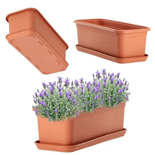 KADAX Blumenkasten 40 cm Terracotta mit Untersetzer – Balkonkasten aus Kunststoff, Pflanzkasten für Innen- und Außenbereiche, Blumentopf für Balkon, Terrasse, Fensterbank