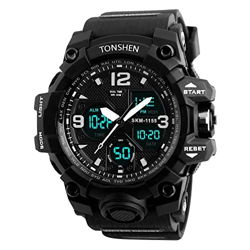 TONSHEN Multifunktional Wasserdicht Herren Sport Uhren Analog Quarz LED Elektronik Double Zeit Alarm Datum Stoppuhr Outdoor Militär Digital Armbanduhr (Schwarz)
