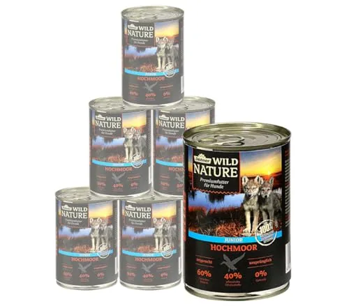 Dehner Wild Nature Hundefutter Hochmoor, Nassfutter getreidefrei / zuckerfrei, für Welpen und junge Hunde, Gefügel / Ente, 6 x 400 g Dose (2.4 kg)