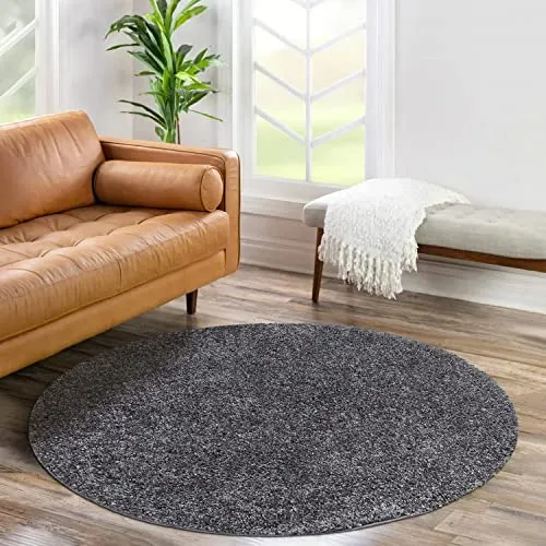 carpet city Shaggy Hochflor Teppich - Rund 80 cm - Anthrazit - Langflor Wohnzimmerteppich - Einfarbig Uni Modern - Flauschig-Weiche Teppiche Schlafzimmer Deko