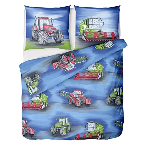 LINKHOFF Kinderbettwäsche Traktor 135x200 – 2tlg. Biber Bettwäsche-Set für Jungen - Bettwäsche-Set aus 100% Baumwolle mit Traktor- und Mähdrescher-Motiven, kuschelig und langlebig, ideal für einen erholsamen Schlaf.