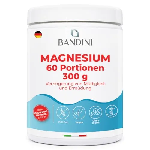 Bandini® Magnesium Pulver 300g | 60 Portionen | Hoher Magnesium Gehalt (430 mg pro Dosis) | Top Löslichkeit | Für Muskelkrämpfe, Nervensystem, Müdigkeit, Verstopfung | Laborgeprüft, vegan, hochdosiert
