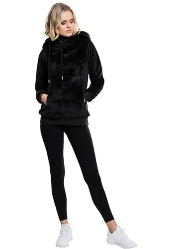 Urban Classics Damen Long Teddy Hoody Kapuzenpullover, Schwarz - Kapuzenpullover aus weichem Teddyfell für Damen, ideal für gemütliche Abende auf der Couch und stylisches Wohlfühlen.