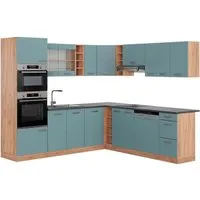 Vicco Winkelküche R-Line, Blau-Grau/Goldkraft Eiche, 237 x 247 cm - L-Küche mit individueller Anpassungsfähigkeit, höhenverstellbaren Füßen und modernem Design für mehr Lebensqualität in Ihrem Zuhause.