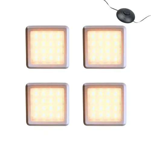 kalb | LED Vitrinenleuchte Quina, 3000K, 12V, mit Fußschalter, 1-10er Set, silber matt, quadratisch, 53mm, mit Erweiterung dimmbar (4er Set)