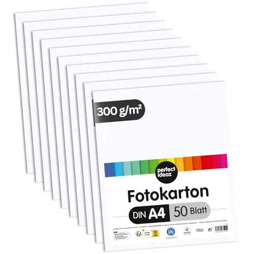 perfect ideaz – 50 Blatt Fotokarton DIN A4, 300 g/m² – Weiß, durchgefärbt & lichtbeständig – Bastelkarton für Scrapbooking, Karten, DIY – Blauer Engel, Made in Germany