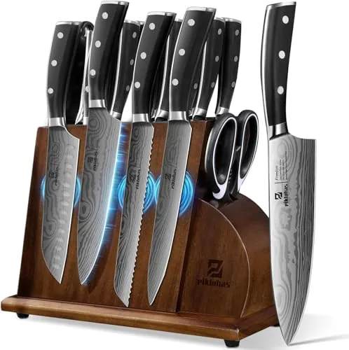 Küchenmesser-Sets mit Block, 17-teiliges Messerset mit magnetischem Holzhalter, Damastmuster, scharfe deutsche Edelstahlmesser, professionelles Kochmesser-Set mit Schärfer
