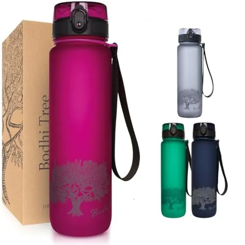 Bodhi Tree Trinkflasche 1L, hygienischer Deckel mit Sicherheitsclip, leichte langlebige Sportflasche, 1-Klick-Öffnung, umweltfreundlich, geschmacksneutral, ideal für Outdoor, Fuchsie