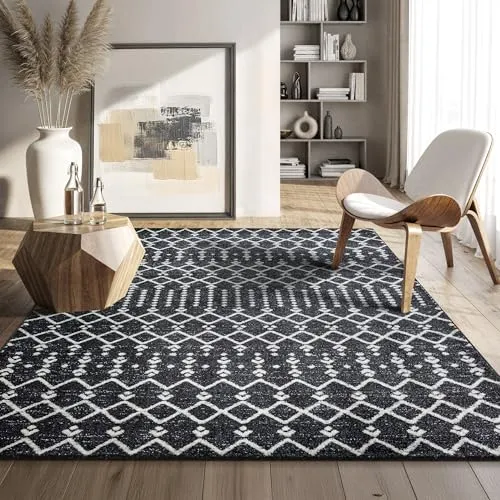 SANAT Boho Teppich – Moderner Teppich im Boho Stil, Geeignet für Wohnzimmer, Schlafzimmer, Flur, Esszimmer und Kinderzimmer – Ethno Schwarz, Größe: 200 x 290 cm