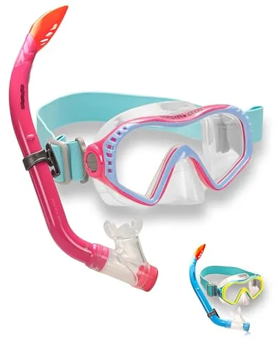 AQUAZON Starfish Schnorchelset für Kinder - Schnorchelset mit Tempered Glas und Silikon, bietet hohen Tragekomfort und eine hervorragende Abdichtung. Ideal für Kinder und Jugendliche von 7-14 Jahren, mit einem semi-dry Schnorchel für weniger Wasser im Mund.