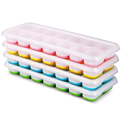 Eiswürfelform, 4er Pack Eiswürfelbehälter Silikon Mit Deckel | Quadratische Eiswürfelschalen, 14-Fach, LFGB Zertifiziert