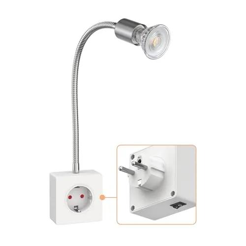 ledscom.de Steckdosenlampe LESCH Leselampe, chrom/weiß mit GU10 LED Lampe - Stehleuchten mit integrierter Schuko-Steckdose für mehr Funktionalität. Flexible, schwenkbare Armatur ideal zum Lesen und Arbeiten, modern im Design und einfach zu installieren.