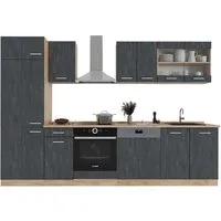 Vicco Küchenzeile R-Line, Schwarz Beton/Goldkraft Eiche, 300 cm - Küchenzeilen mit flexiblem Stauraum und höhenverstellbaren Füßen für optimale Anpassung. Perfekt für individuelles Kochen und Backen!