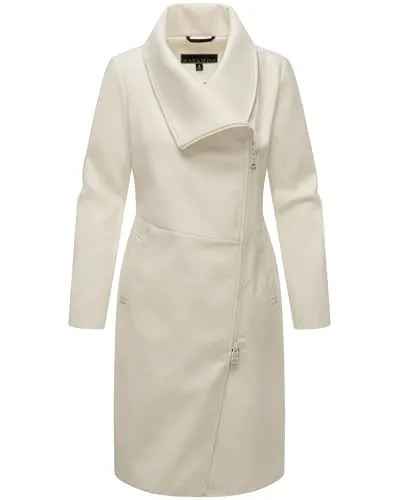 Navahoo Damen lange Übergangsjacke in Woll-Optik - Funktionsjacke mit asymmetrischem Kragen und wasserdichtem Reißverschluss, ideal für stilvolle Büro-Looks und kühle Tage.