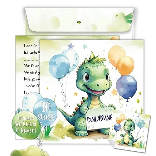 TOBJA Dino Einladungskarten Kindergeburtstag Junge | XXL Dinosaurier Geburtstagseinladungen jungen 15 x 15 cm | 10er Set mit Umschlägen & Stickern | Einladungskarten Geburtstag (Dino)