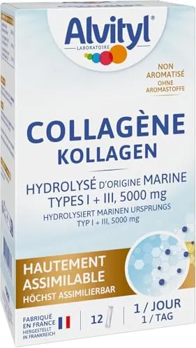 Alvityl Kollagen 5000mg, hydrolisiert, marinen Ursprungs, TYP I und III, höchst assimilierbar, ohne Aromastoffe, ohne Farbstoffe, 12 Sticks