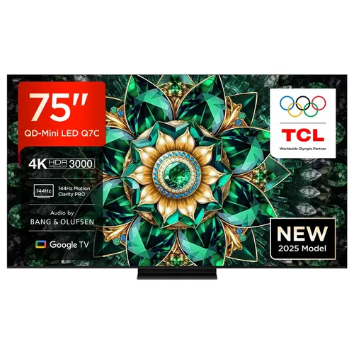 TCL 75Q7CX7 QLED Mini LED-Fernseher 75 Zoll - 4K Ultra HD Smart-TV mit Google TV und beeindruckendem Audio von Bang & Olufsen für ein unvergleichliches Seherlebnis.