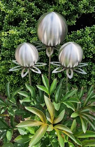Jürgen Bocker Gartenstecker Blütenzauber Paris - 3er Set Edelstahl Rosenkugel - Dekostecker aus hochwertigem, rostfreiem Edelstahl, wetterfest und ideal für Innen- & Außenbereich. Ein wunderschöner Blickfang mit 15/10 cm Kugeln und 17/22 cm Blüten.