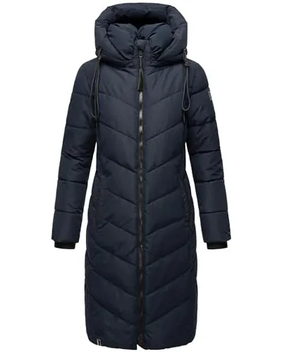Navahoo Damen Wintermantel Sahnekatzii XIV Navy Gr. XXL - Eleganter langer Steppmantel mit abnehmbarer Kapuze, warm wattiert und wasserabweisend. Ideal für kalte Tage, bietet hohen Tragekomfort und praktische versteckte Taschen für Wertsachen.