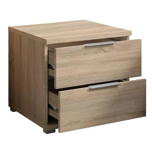 Pol Power Nachtkommode mit 2 Schubkästen - Eiche Sonoma - Nachttisch aus Holzwerkstoff mit strapazierfähiger Dekorfolie, bietet eleganten Stauraum für persönliche Utensilien und sorgt für Ordnung im Schlafzimmer.