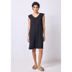 Jerseykleid STREET ONE STUDIO, Damen, Gr. 46, EURO-Größen, blau (schwarz void blau), Jersey, 95% Viskose, 5% Elasthan, unifarben, regular fit knieumspielend, V-Ausschnitt, Rüschen, Kleider Jerseykleid, knielang