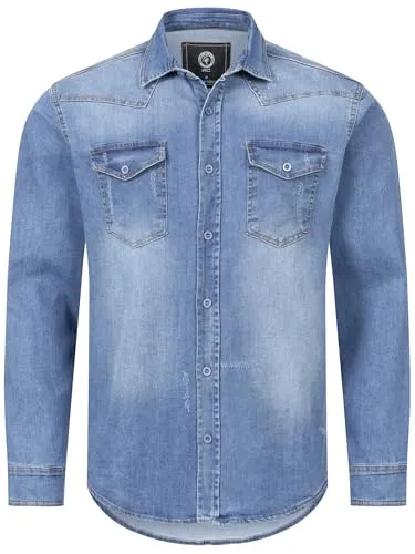 Rock Creek Herren Jeans Hemd Herrenhemd Denim Jeanshemd Vintage mit druckknöpfen Regular Fit Stehkragen Kentkragen Langarm Männer H-419 Mittelblau XL