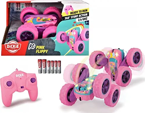 Dickie Toys Pink Drivez RC Candy Flippy, ferngesteuertes Spielzeugauto, Rotations- und Flip-Funktion, mit Fernbedienung, bis 8 km/h, für Jungen und Mädchen, beleuchtet, ab 6 Jahren, 28 cm, Pink/Türkis