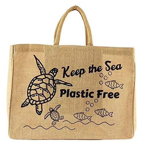 Domelo Einkaufskörbe. Bedruckte Einkaufstasche. Jute Tasche groß. Korbtasche, wasserabweisenden Strandtasche. Jutetaschen Shopper als Shopping bag. Tragetasche (keep the sea free)