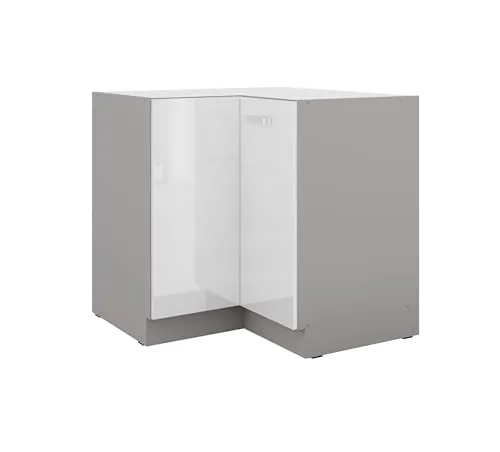 Eckunterschrank 90x90 Bianca Weiß Hochglanz + Grau - Einbauküchen-Komponenten, eleganter Eckunterschrank für Stellmaß 90x90 cm mit einer Tür und einem Einlegboden – ideal für platzsparende Küchenlösungen.
