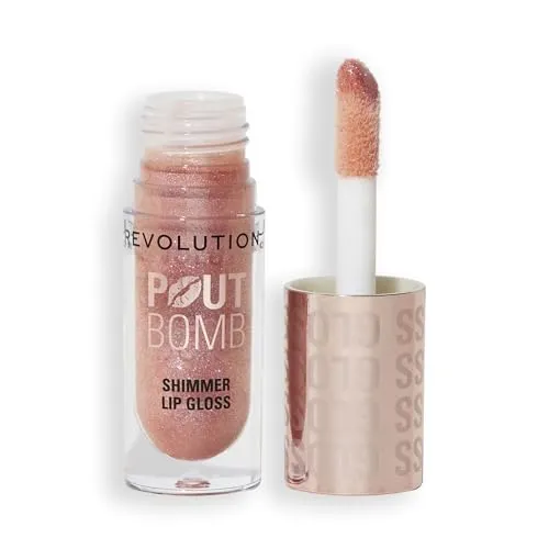 Revolution, Pout Bomb Shimmer Gloss, Hochglanz-Lipgloss mit Hyaluronsäure & Vanilleduft, Glimmer Nude
