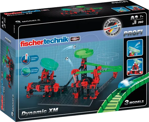 FISCHER 544618 - PROFI Dynamic XM - Kugelbahn - Baukästen mit Trampolin-Action für Kinder ab 7 Jahren. Baue 3 Modelle mit 260 Bauteilen und erlebe spannende Kugelbahnaction. Justierbares Trampolin für optimale Sprünge!