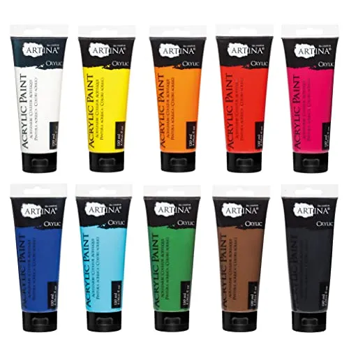Artina Acrylfarben Set 10 Farben Künstlerfarben für Leinwand Holz | 10x120ml 10 hochwertige Acryl Malfarbe für Hobby-Künstler Profis Acrylfarbe Steine groß Bastel Crylic