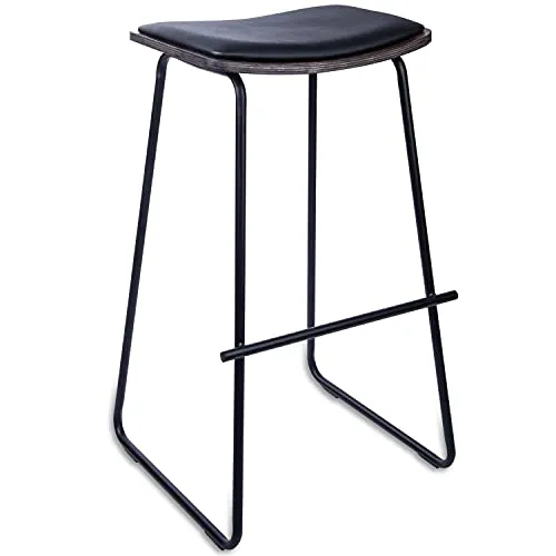 LAZE Barhocker aus Metall, Barstuhl mit bequemer Sitzauflage, Küchen-Hocker Deluxe mit Fußstütze und Leder-Sitzfläche, Küchenstühle in Verschiedene Größen (Schwarz, 77 cm)