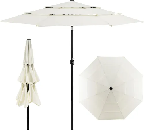 COSTWAY 3-stöckiger Sonnenschirm, Ø300cm doppelt belüfteter Gartenschirm mit Kurbel, beidseitig um 45° knickbar, UV-Schutz, Sonnenschutz, Terrassenschirm Marktschirm für Terrasse, Garten