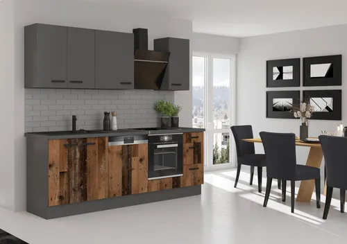 Küche OLD STYLE + NESSA 240 cm Küchenzeile - Küchenzeile im modernen Old Wood Style mit Anthrazit matt Design, bietet viel Stauraum und ein hervorragendes Preis-Leistungs-Verhältnis.