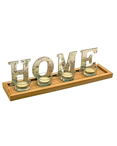 LivuX Teelichthalter-Set Home mit 4 Gläsern und Teelichtern, Holzoptik und silbernen Buchstaben, 8,5 cm hoch, 35,5 cm breit – Dekorative Tischdekoration 1126