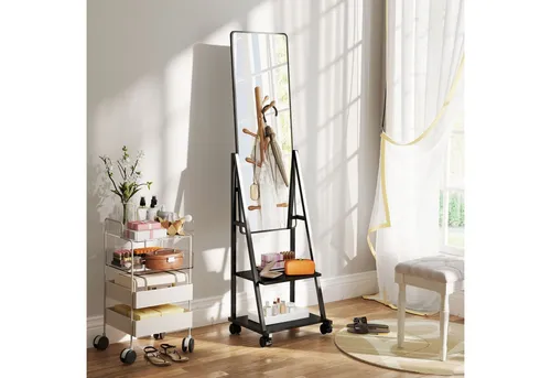HOMCOM Ganzkörperspiegel mit Ablage - Standspiegel mit praktischem Stauraum und mobil dank Rollen. Ideal für Schlafzimmer und Wohnzimmer, bietet eine vollständige Outfitansicht.