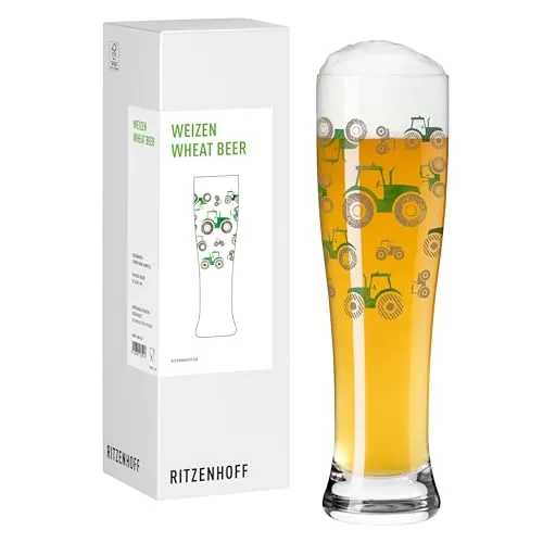 RITZENHOFF Weizenbierglas 500 ml - Traktor Motiv in Grün und Grau - Biergläser - Hochwertiges Hefe-Weizenglas mit ansprechendem Traktormotiv, ideal für Weißbierliebhaber. Made in Germany, spülmaschinengeeignet und in attraktiver Geschenkverpackung.