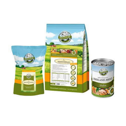 Bellfor Hundefutter Sparpaket für Retriever - Praktisches Sparpaket mit 4 kg Trockenfutter, 400 g Nassfutter und Snacks. Ideal für ausgewachsene Hunde, mit hochwertigen Zutaten und ohne Getreide. Perfekt für eine ausgewogene Ernährung.