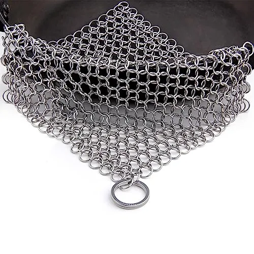 Candure Gusseisenreiniger, Edelstahl, 17,8 x 17,8 cm, Kettenschrubber für alle Arten von Bratpfannen, Gusseisen-Pfannen, Grills & Dutch Oven