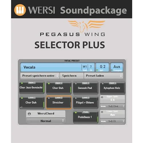 WERSI Pegasus Wing Selector Plus, Orgel Software mit erweiterter Klangfarben-Selektoren, Registrierung wie bei SCALA und LOUVRE, Erweiterte Klangfarbenzuweisung, Splittmöglichkeiten für bis zu 4