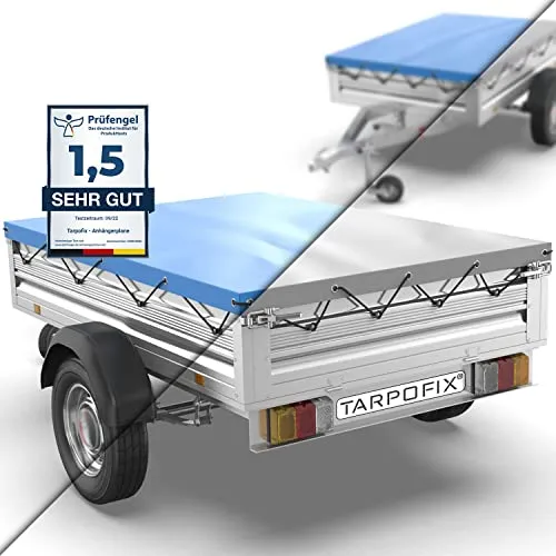 Tarpofix® Anhänger Plane 207 x 114 cm inkl. Planenseil | Anhängerplane Flachplane aus PVC PLANENMATERIAL | Verstärkte Stema Hänger Abdeckplane für 750kg PKW Autoanhänger | Abdeckung Blau